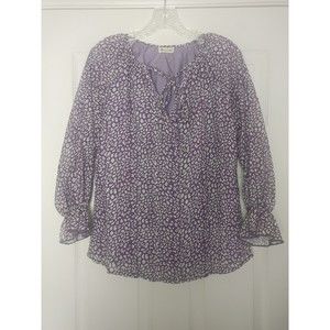 Ounaya Women's Long Sleeve Chiffon Blouse Size Small Purple and White Split Neck